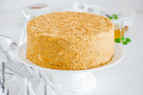Honey cake. Traditional layered Russian cake Medovik with sour cream on a white plate on a white background. Horizontal orientation. Close up.