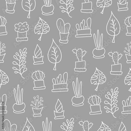 Modern succulent sketch seamless pattern. Succulent, leaf, plant, cactus white lines on grey background. Hand drawn vector illustration, doodle style. Botanical print, floral paper