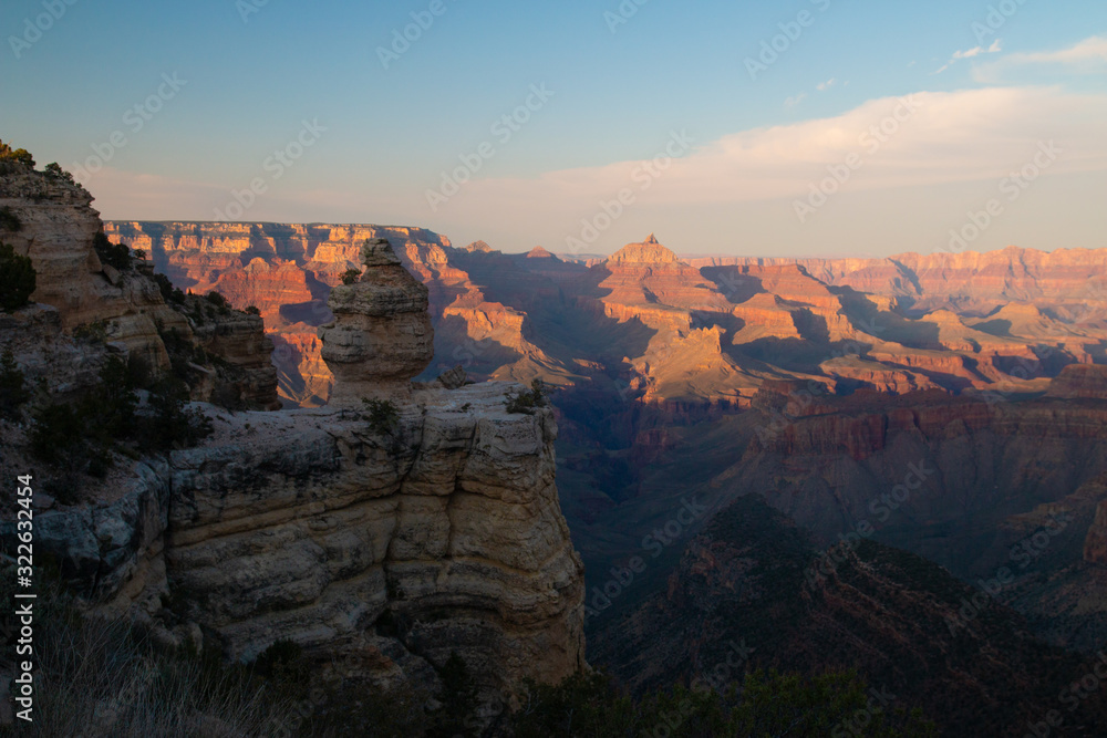 Grand Canyon National Park, Grandview Point, scenic view of the valley with eroded formations on golden light sun