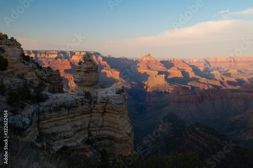 Grand Canyon National Park, Grandview Point, scenic view of the valley with eroded formations on golden light sun