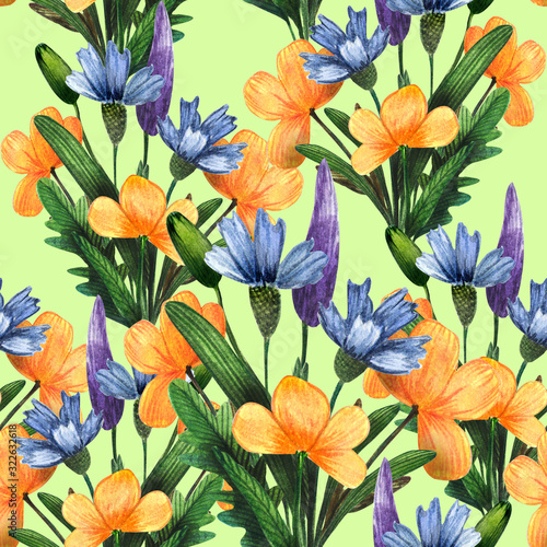 Seamless watercolor pattern with poppies, cornflower, salvia and meadow grass on light green background. Vintage style. Floral pattern for wrapping paper, fabrics, invitations. © Natalia Kronova