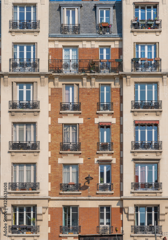 Paris, France - 04 14 2019: Building facade along the Canal de L'Ourcq