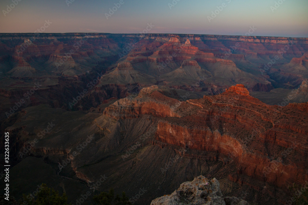 Sunset at Grand Canyon National Park, Grandview Point, view above the valley with monumental eroded formations