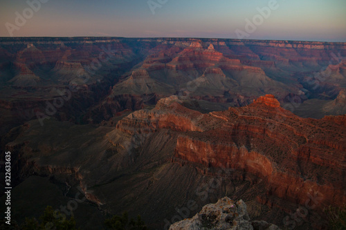 Sunset at Grand Canyon National Park, Grandview Point, view above the valley with monumental eroded formations