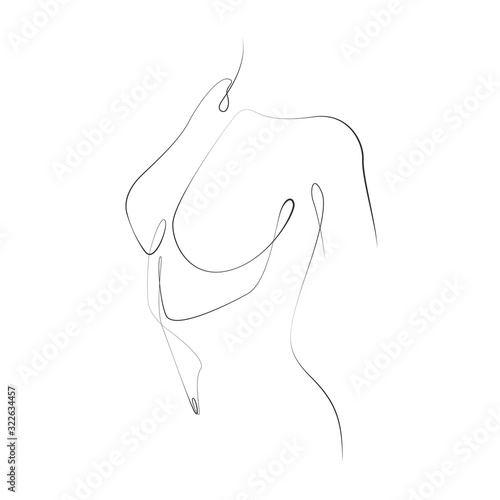 Side view of a young nude woman one line drawing on white isolated background. Vector illustration  