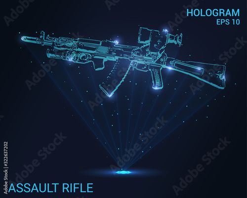 Hologram assault rifle. Holographic projection of weapons. Flickering energy flux of particles. The scientific design of the weapon.