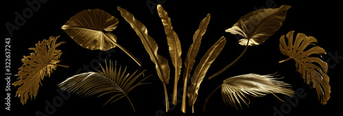 Tropical leaves gold and black, can be used as background