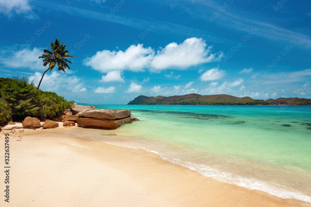 Tropical Paradise Beach in Seychelles, Praslin Island, near Anse Takamaka