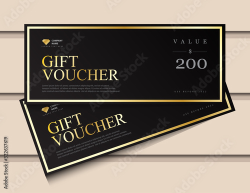 Gift voucher template with glitter gold luxury elements. Vector illustration. Design for invitation, certificate, gift coupon, ticket, voucher.