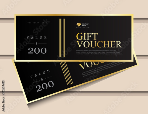 Gift voucher template with glitter gold luxury elements. Vector illustration. Design for invitation, certificate, gift coupon, ticket, voucher.
