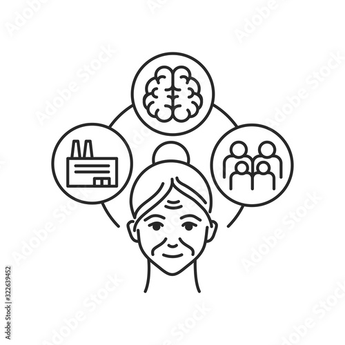 Generation baby boomers black line icon on violet background. Lifestyle: factory work, large family, self-development. Pictogram for web page, mobile app. Vector isolated illustration.