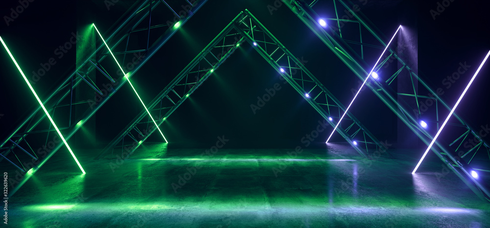 Obraz premium Neon Glowing Triangle Green Blue Metal Construction Concrete Tunnel Corridor Hall Studio Cyber Spaceship Retro Modern Sci Fi Futuristic Lasers 3D Rendering