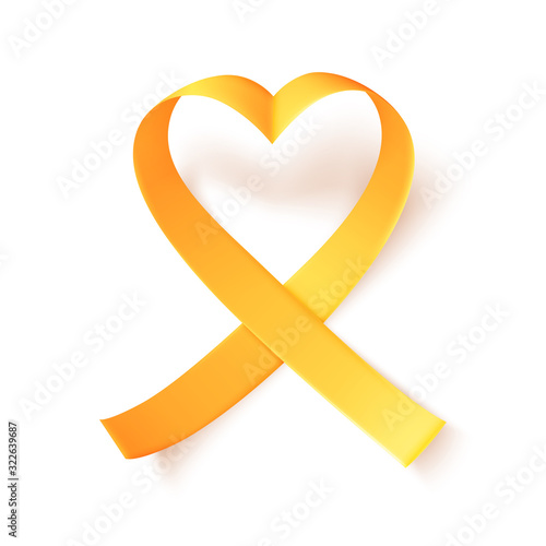 Realistic gold ribbon heart shaped. World childhood cancer symbol 15th of february, vector illustration. Template for poster for cancer awareness month in september.
