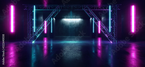 Fototapeta Naklejka Na Ścianę i Meble -  Neon Glowing Stage Purple Blue Laser Fluorescent Retro Modern Futuristic Sci Fi Pantone Vibrant Cement Club Dance Fashion Catwalk Dark Night Grunge 3D Rendering