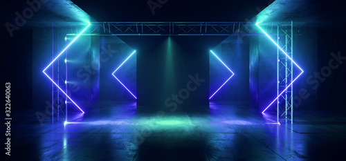 Fototapeta Naklejka Na Ścianę i Meble -  Neon Glowing Stage Blue Laser Fluorescent Retro Modern Futuristic Sci Fi Pantone Vibrant Cement Club Dance Fashion Catwalk Dark Night Grunge 3D Rendering