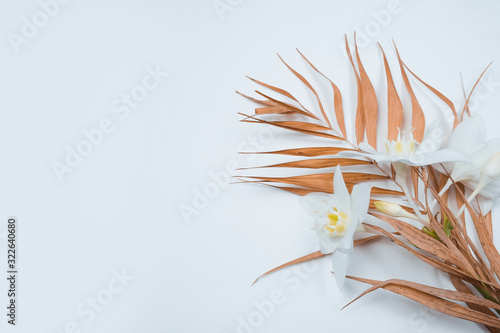 Tropical dry leaves with white lilies on white background. Closeup view