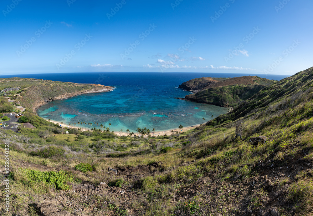 Panoramic view of the clear water of Hanauma Bay nature preserve near Waikiki on Oahu, Hawaii