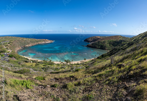 Panoramic view of the clear water of Hanauma Bay nature preserve near Waikiki on Oahu, Hawaii