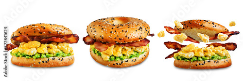 Fried bacon avocado cheese egg salad  bagel on a white isolated background