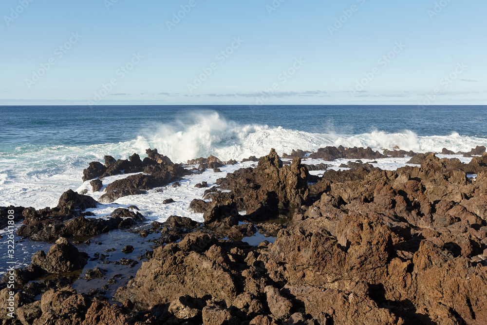 View of the ocean waves on the coast of the Canary island.