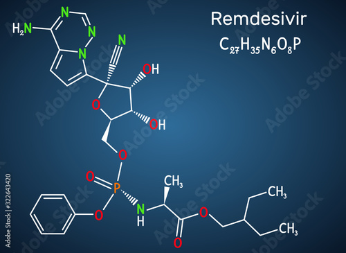 Remdesivir, GS-5734, C27H35N6O8P molecule. It is antiviral drug for treatment Ebola virus, under study as treatment for Coronavirus 2019-nCoV.  Structural chemical formula on the dark blue background photo