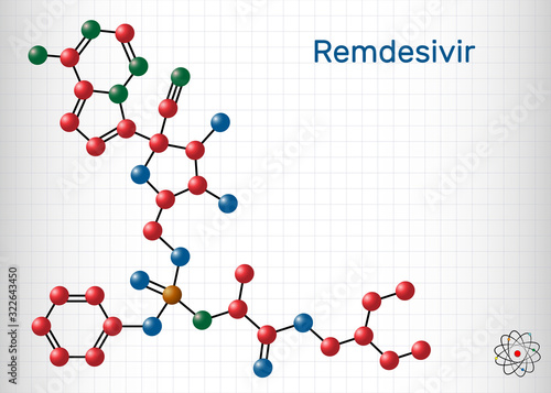 Remdesivir, GS-5734, C27H35N6O8P molecule. It is antiviral drug for treatment Ebola virus, under study as treatment for Coronavirus 2019-nCoV.  Sheet of paper in a cage
