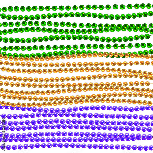 Mardi gras traditional necklaces. Gold, green, purple beads isolated on white background. Set for Celebratory Design, Xmas Holiday, greeting card. Mardi gras decorations, design element.