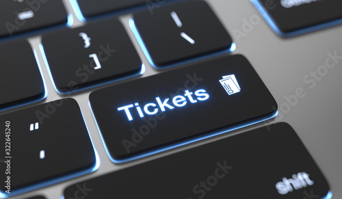 Tickets text written on keyboard button.Online tickets concept.