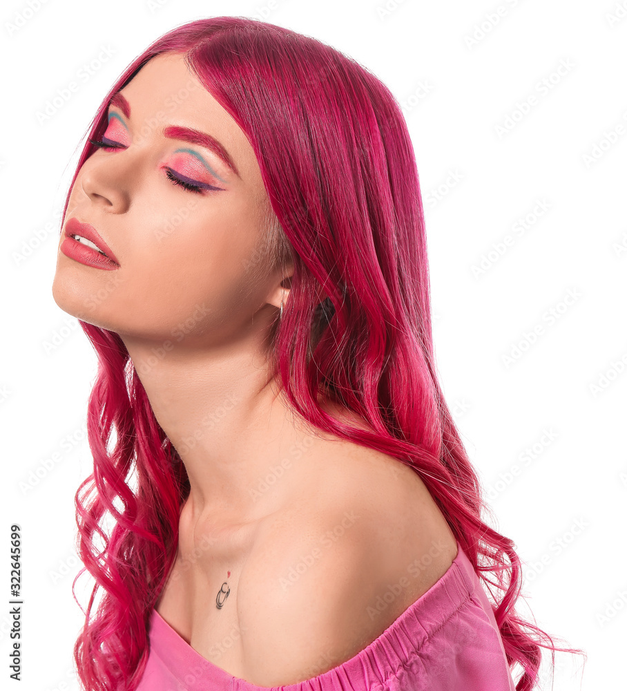 Beautiful young woman with unusual hair on white background Beautiful young woman with unusual hair on white background