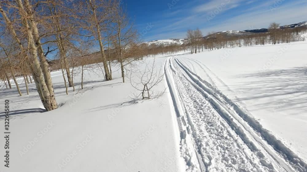 Snowmobile forest trees mountain in winter POV. Snowmobile trail ride across high mountain meadow and forest at high speed in central Utah in winter. Recreation and fun. Snowmobile forest trees mountain in winter POV. Snowmobile trail ride across high mountain meadow and forest at high speed in central Utah in winter. Recreation and fun.