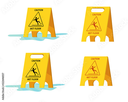 A set of yellow plates with the inscription "Caution, wet floor." Placards for warning people about a wet floor. Wet floor signs stand on a pool of water. Flat style. Vector