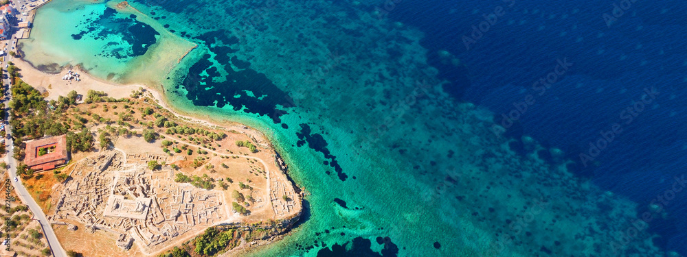 Obraz premium Aerial drone ultra wide top down photo of archaeological site of Temple of Apollo in island of Aegina, Greece
