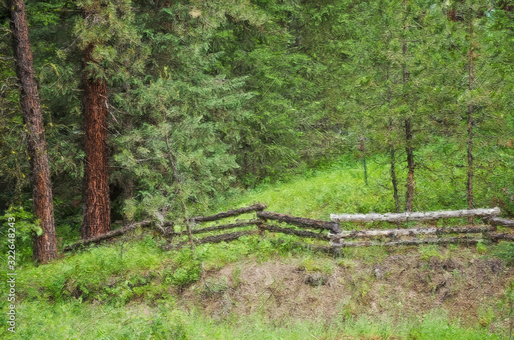 Impressionistic Style Artwork of a Fence in the Forest Impressionistic Style Artwork of a Fence in the Forest