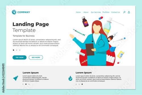 Health care online website landing page design template. Medical internet assistance. Female doctor consultant and medicine pills tablets drugs. Consulting pharmacy service vector illustration