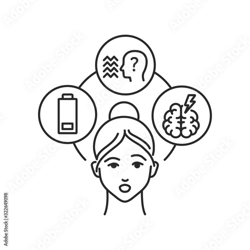 Schizophrenia black line icon. Insane person. Mental disorders. Symptoms: fatigue, hallucinations, thinking disorders. Pictogram for web page. Vector isolated illustration.