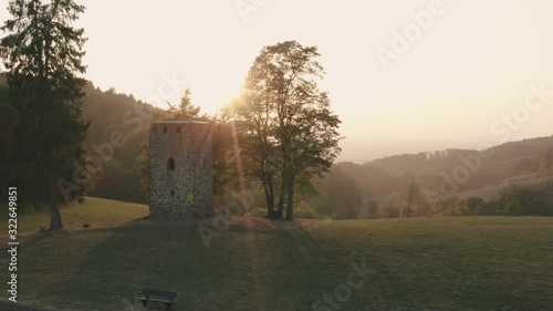 Aerial view historic old tower at beautiful sunset Hemsbach Germany in 4k photo