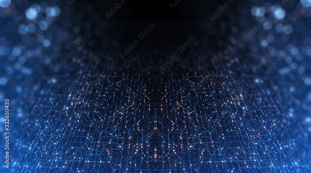 Circuit board, Motherboard, Digital chip. Tech science background. Integrated communication processor. Information engineering component with bokeh. 3D Render computer hardware technology