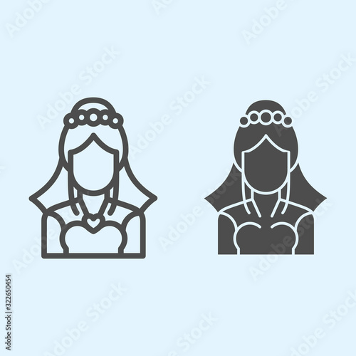 Bride with veil line and solid icon. Silhouette of beautiful woman in elegant dress. Wedding asset vector design concept, outline style pictogram on white background, use for web and app. Eps 10.