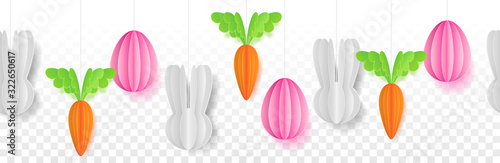 Easter bunny with easter eggs and carrots paper cut out seamless pattern banner