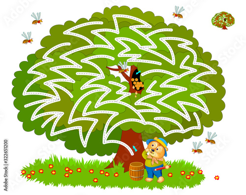 Logical puzzle game with labyrinth for children and adults. Help the bear find the hollow with honey in the tree. Printable worksheet for kids brain teaser book. IQ training test. Flat vector image.