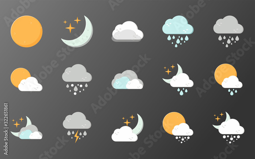 Set of weather icons. Flat style. Different weather, rain, snow, cloudiness, the sun. Icon set meteorology for mobile and web application. Vector