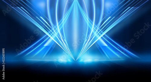 Dark background with lines and spotlights, neon light, night view. Abstract blue background. Blue dark empty scene.