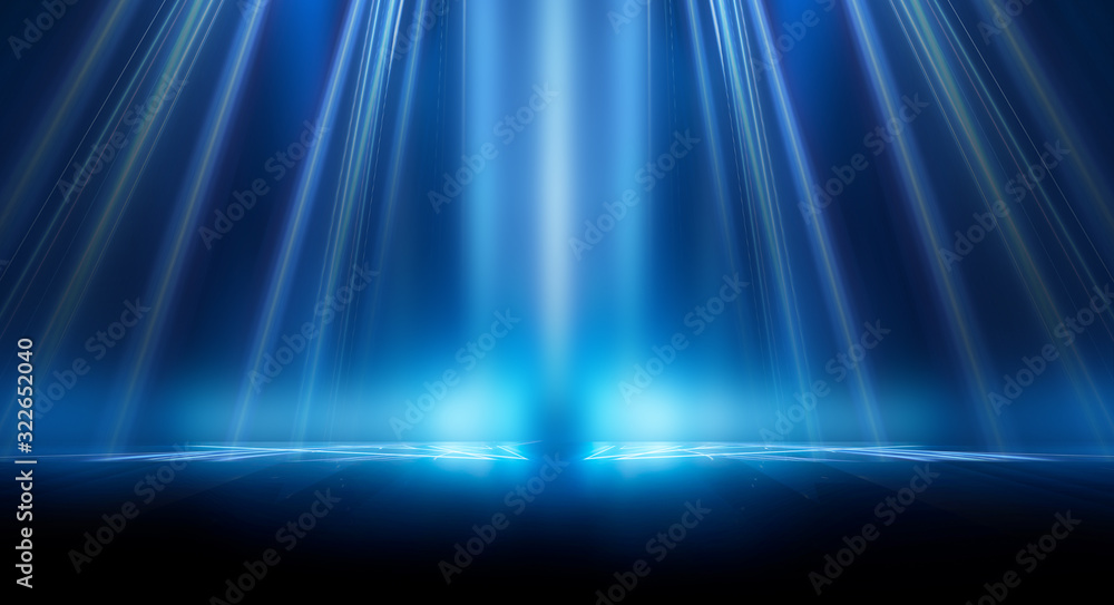 Dark background with lines and spotlights, neon light, night view. Abstract blue background. Blue dark empty scene. Dark background with lines and spotlights, neon light, night view. Abstract blue background. Blue dark empty scene.