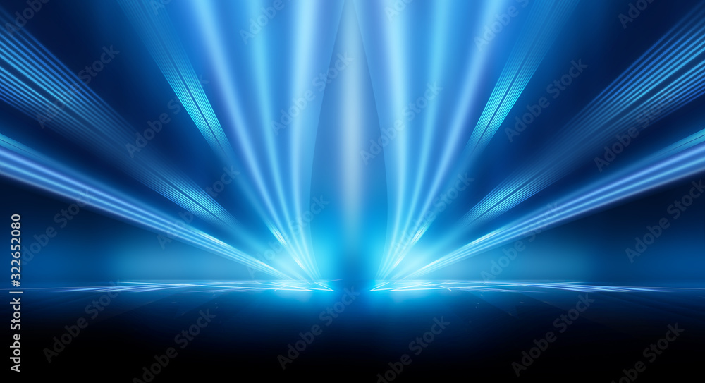 Dark background with lines and spotlights, neon light, night view. Abstract blue background. Blue dark empty scene.