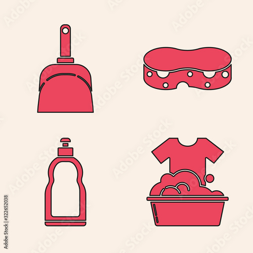 Set Plastic basin with soap suds , Dustpan , Sponge and Plastic bottles for liquid dishwashing liquid icon. Vector