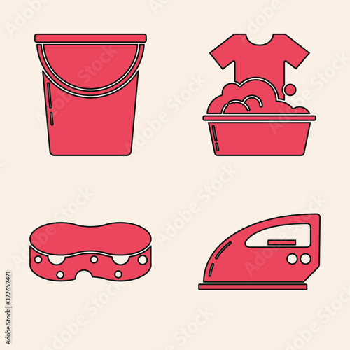 Set Electric iron , Bucket , Plastic basin with soap suds and Sponge icon. Vector