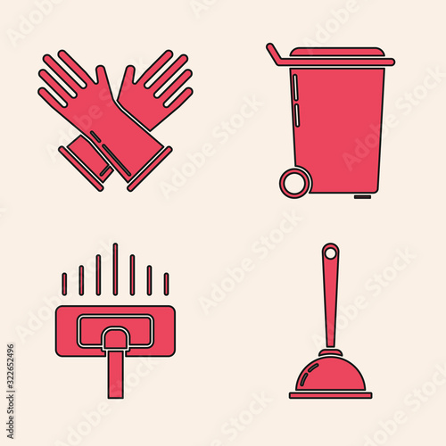 Set Toilet plunger, Rubber gloves , Trash can and Vacuum cleaner icon. Vector