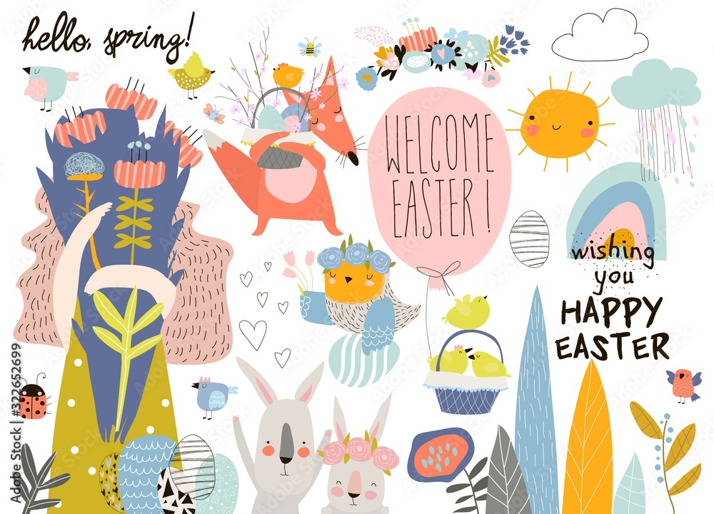 Cute cartoon animals with Easter theme. Happy Easter