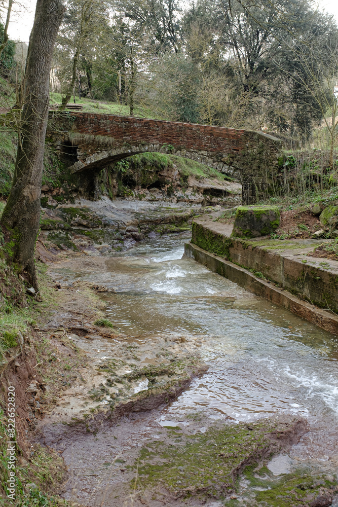 Fototapeta premium Small stone bridge with river stream crossing a green forest