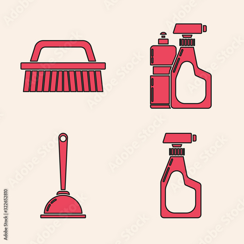 Set Cleaning spray bottle with detergent liquid , Brush for cleaning , Plastic bottles for liquid dishwashing liquid and Toilet plunger icon. Vector